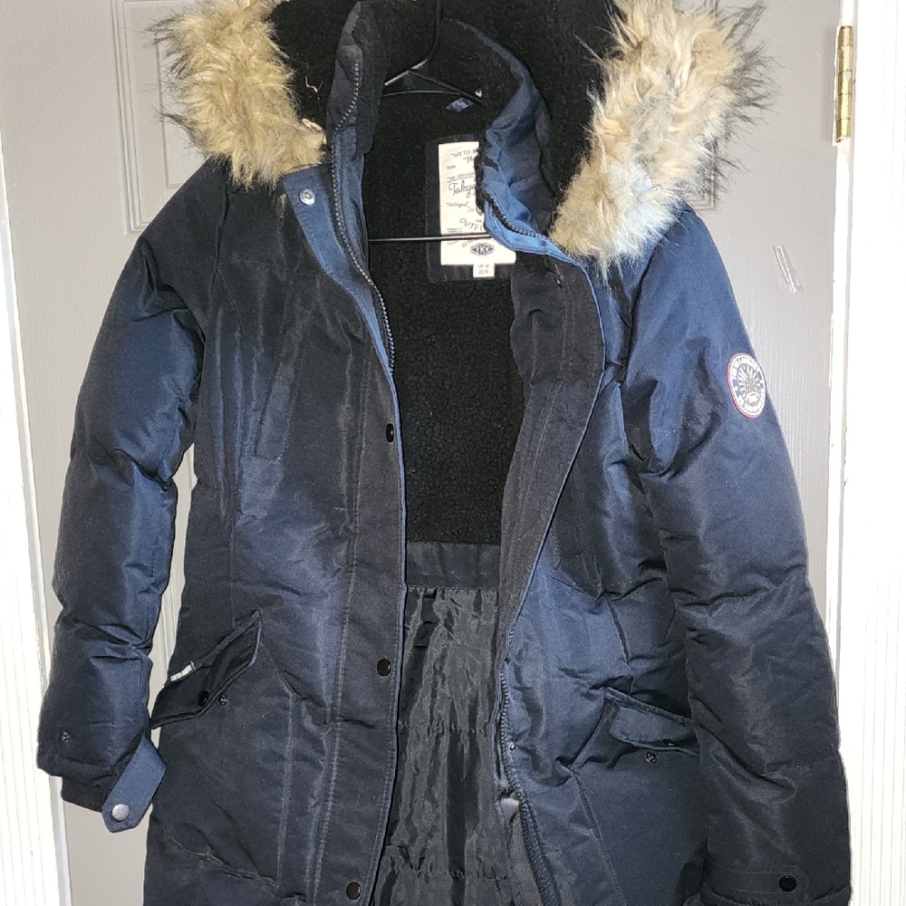 Tokyo Laundry Navy Puffer Coat with Faux Fur Hood